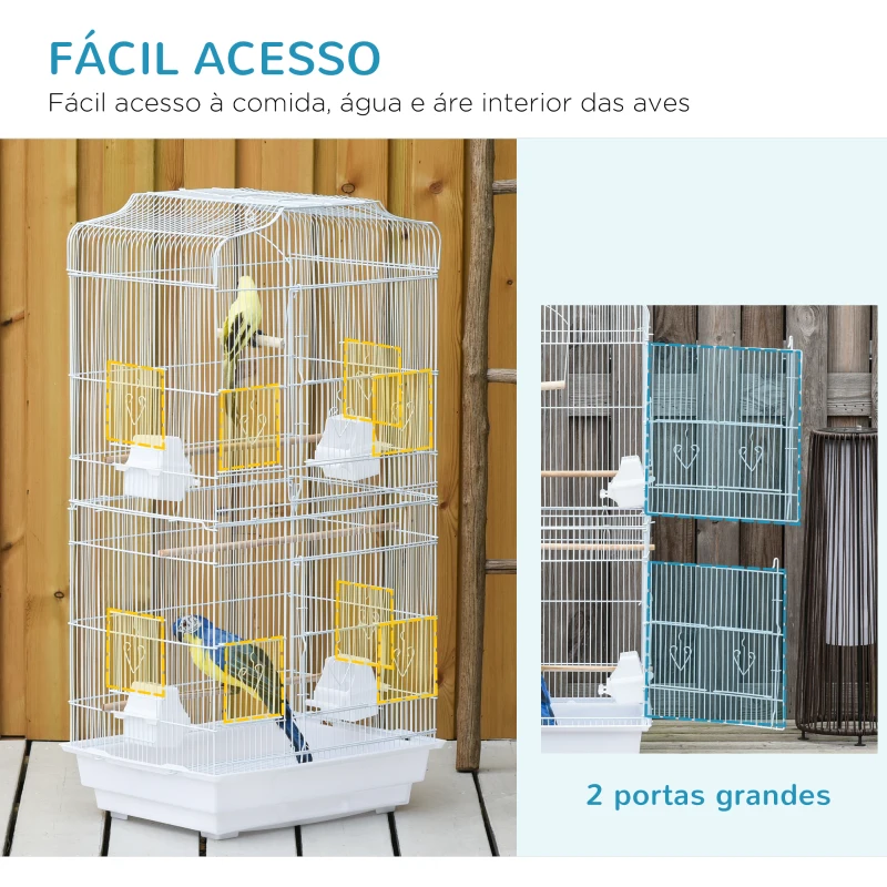 PawHut Gaiola para Passáros Gaiola de Metal com Portas 4 Comedouros 3 Poleiros Baloiço Bandeja Removível e Alça de Transporte para Papagaio Canário Periquito 46,5x35,5x92cm Branco
