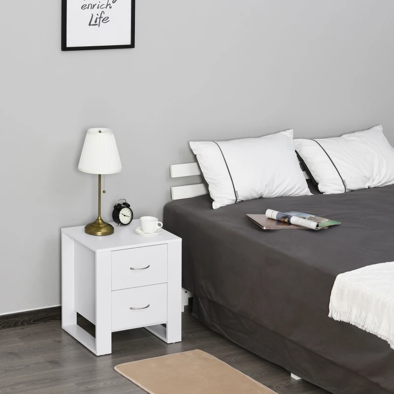HOMCOM Noptiera Moderna din Lemn, Noptiera 2 Sertare pentru Dormitor cu Manere Argintate, 48x39x54cm, Alb