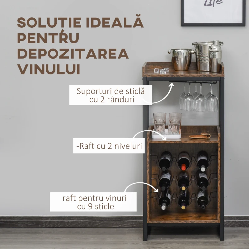 HOMCOM Dulap Suport Sticle Stil Industrial, Mini Crama Vinuri pen