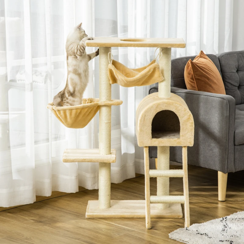 PawHut Árvore para Gatos Arranhador com Poste Ninho Cesta Rede Plataforma Casa e Escada de Veludo e Sisal Natural 54x29,5x98 cm Bege