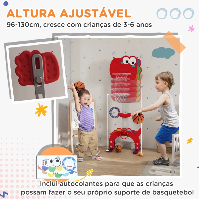 AIYAPLAY Tabela de Basquetebol 5 em 1 com Altura Ajustável Futebol Golf Aros Jogo de Lançamento 46x51x134-152 cm Vermelho