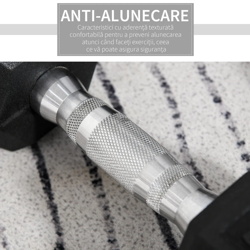 HOMCOM Set 2 gantere hexagonale de 10kg din metal si cauciuc pentru antrenamente acasa si la birou, negru