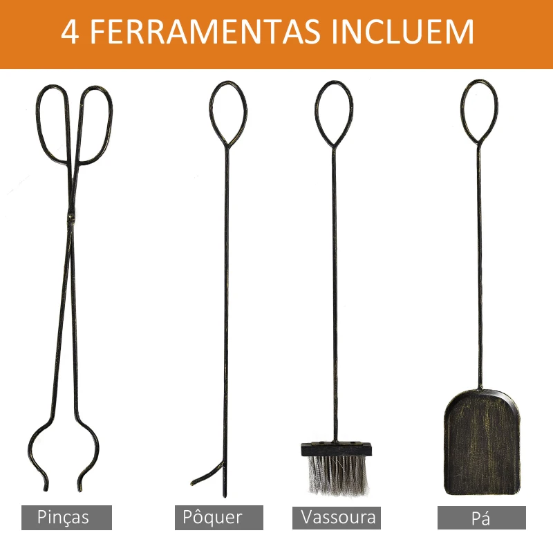 Outsunny Suporte para Lenha de Ferro Forjado de 2 Níveis com 4 Ferramentas para Interior e Exterior 51,5x33x77 cm Preto e Dourado
