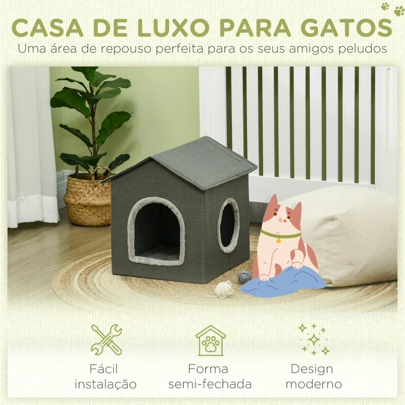 PawHut Casa para Gatos Caverna para Gatos com 2 Portas e Almofada Lavável 39x43,5x40,5 cm Cinzento
