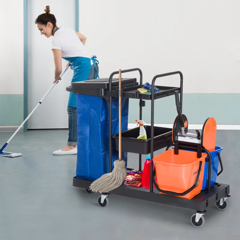 HOMCOM Carro de Limpeza Professional com Escorredor de Alavanca com 3 Prateleiras e 2 Baldes de 18L Bolsa com Tampa Rodas 111x63,3x103cm Preto Azul e Laranja