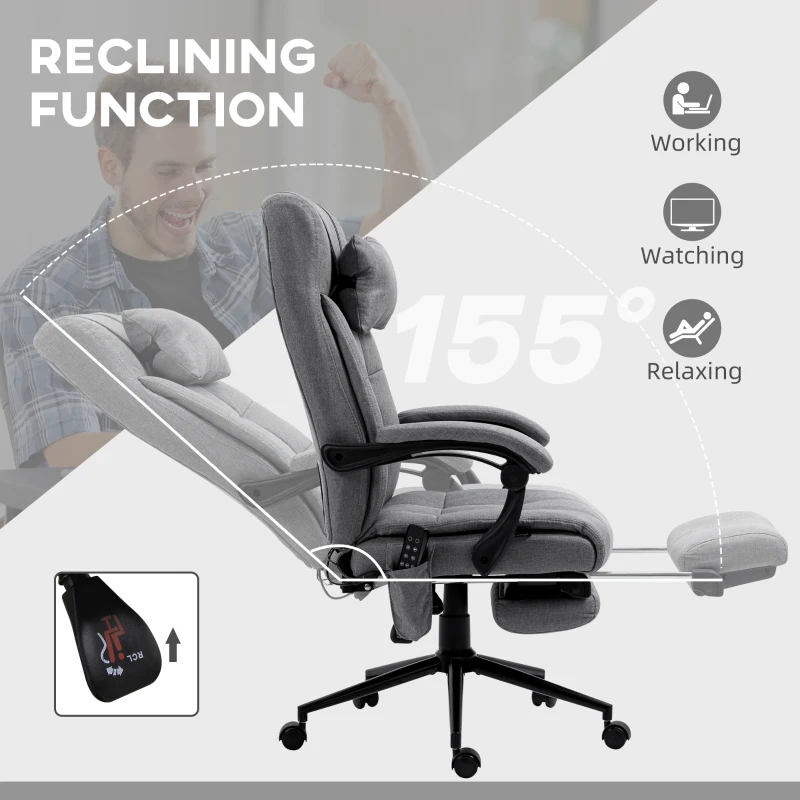Vinsetto Scaun Birou Ergonomic cu Masaj și cu Încălzire, Spătar Înclinabil 155°, Suport Picioare,pentru sufragerie,dormitor, 66x76x112-120cm, Gri(m-6)