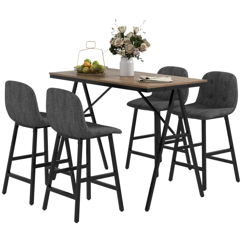 HOMCOM 5-delige Bargarnituur, Tafel en 4 Stoelen, Knoopafwerking, Dikke Bekleding, Linnenlook, Donkergrijs(m-10)
