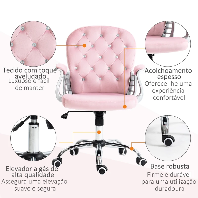 Vinsetto Cadeira de Escritório Estofada em Veludo Cadeira Giratória com Altura Ajustável e Decorações de Cristal 59,5x60,5x103 cm Rosa