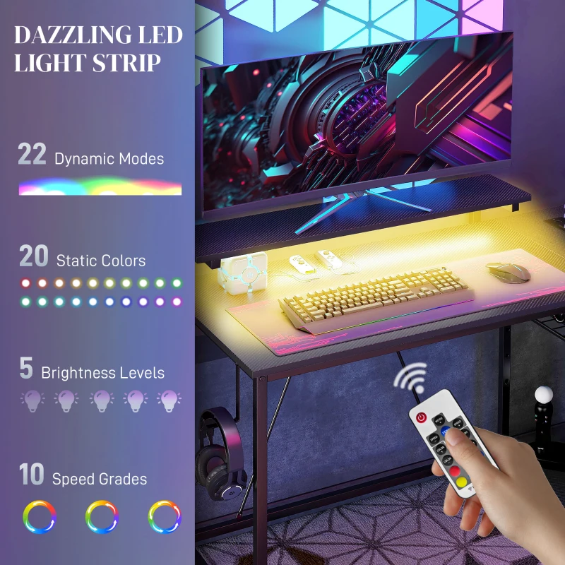 Homcom Birou Gaming in Forma de L – Cu LED, Rafturi & Col Reversibil