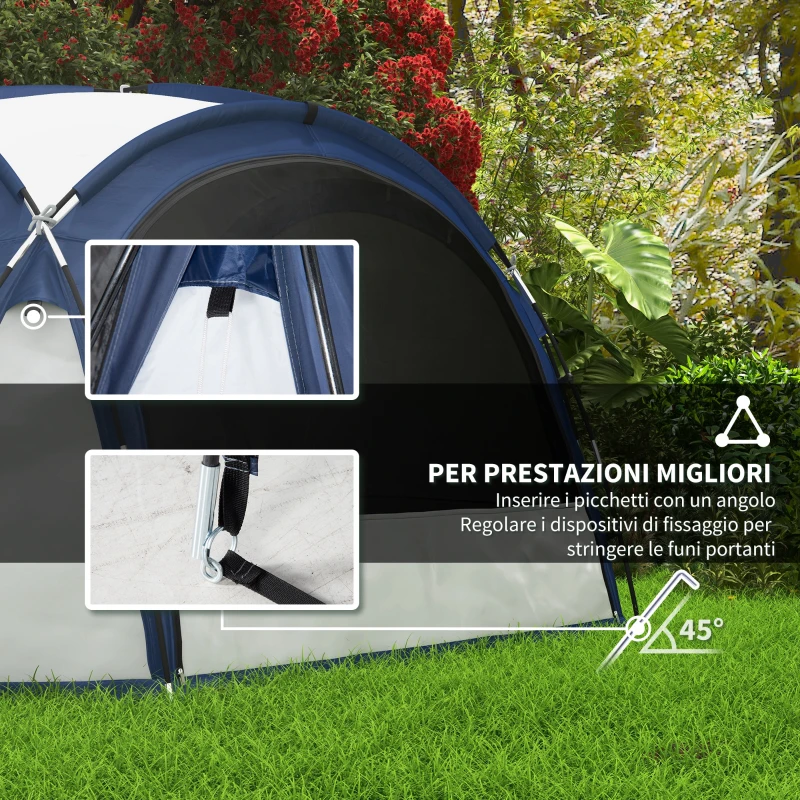 Outsunny Tenda da Campeggio 4-5 Posti con 4 Porte a Cerniera, Zanzariera e Gancio, 350x350x230cm, Bianca e Blu