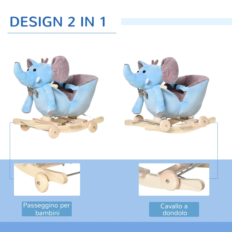 HOMCOM Animale a Dondolo a forma di Elefante con Rotelle e Cintura, in Peluche, Legno e Acciaio, 60x35x45 cm, Blu