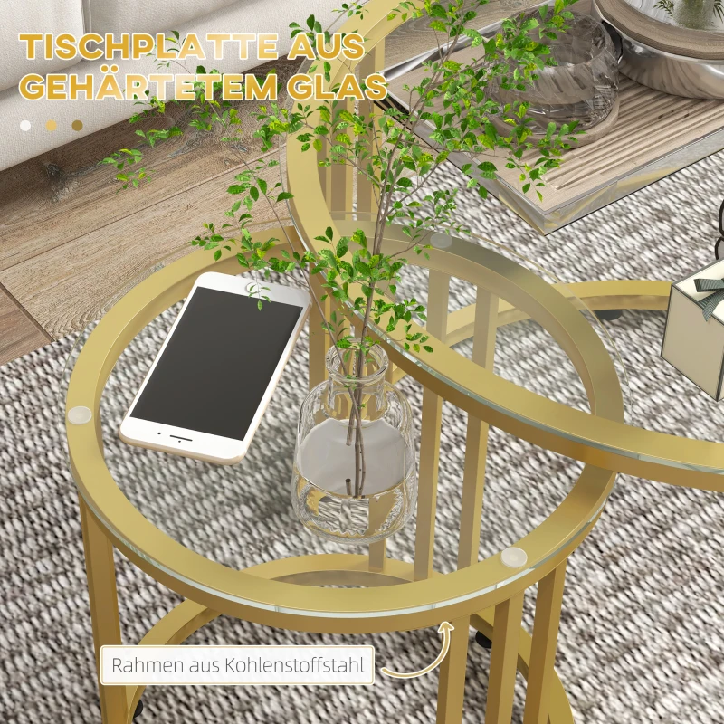 HOMCOM Bijzettafelset, 2 Stuks, Koolstofstaal, Glazen Blad, Ø60x47/Ø40x42 cm, Goud