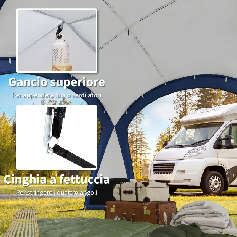 Outsunny Tenda da Campeggio 4-5 Posti con 4 Porte a Cerniera, Zanzariera e Gancio, 350x350x230cm, Bianca e Blu