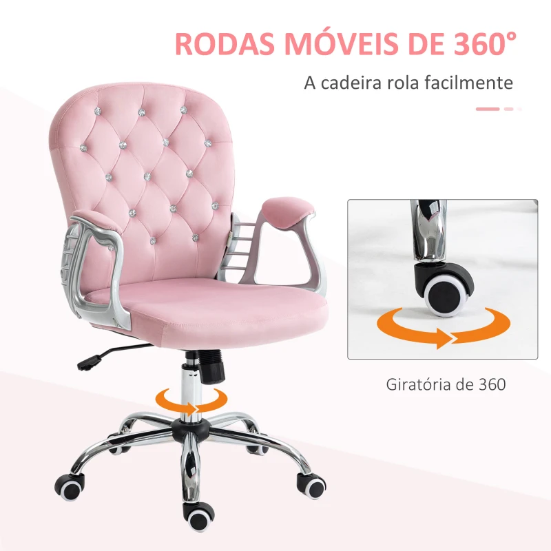 Vinsetto Cadeira de Escritório Estofada em Veludo Cadeira Giratória com Altura Ajustável e Decorações de Cristal 59,5x60,5x103 cm Rosa