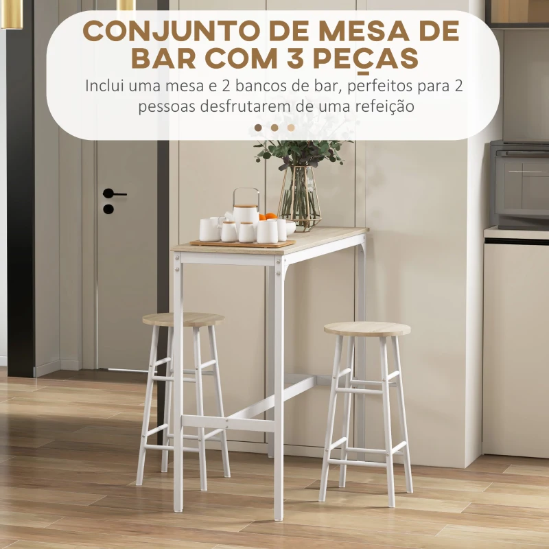 HOMCOM Mesa Alta de cozinha com Bancos Estrutura em Aço Estilo Industrial Mesa Alta para Sala de Jantar Natural e Branca