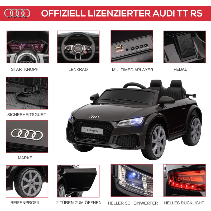 HOMCOM Kinder-Elektrische Auto, Audi TT RS Roadster, 3 km/u, Afstandsbediening, LED, USB, Zwart(m-4)