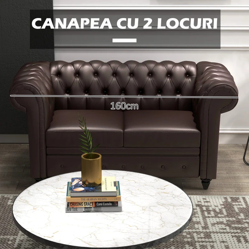 HOMCOM Canapea cu 2 locuri din piele ecologica, 160x84x80 cm maro(m-6)