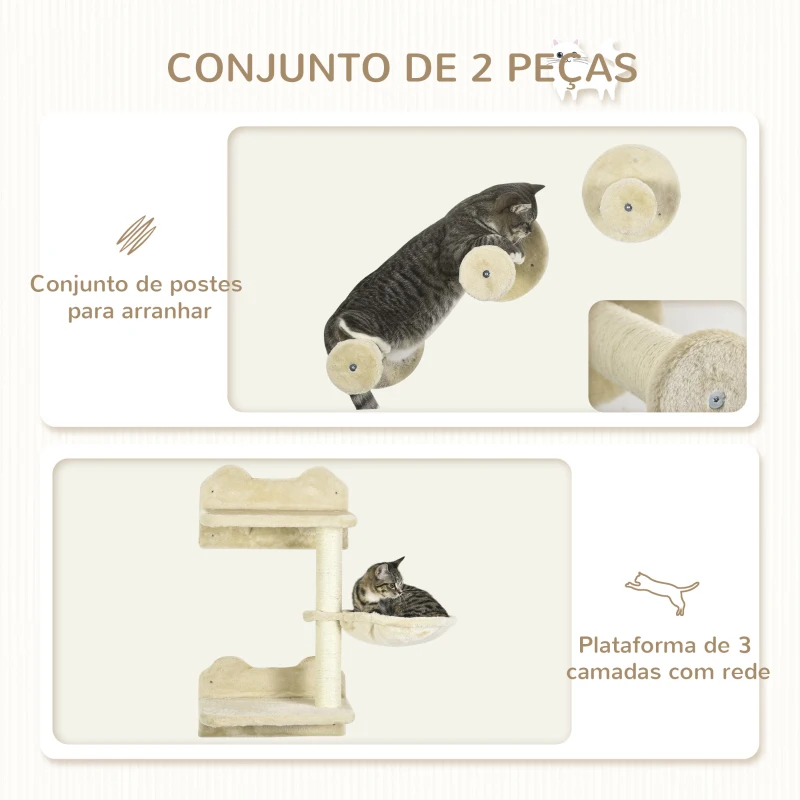 PawHut Conjunto de Prateleiras de Parede para Gatos de 4 Peças com 3 Postes de Sisal Rede e 1 Plataforma para Saltar de 3 Níveis Bege
