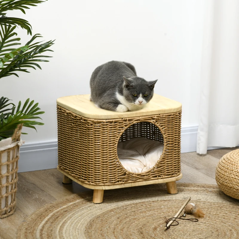 PawHut Elevated Design Wicker Cat House with Washable Cushion, Light Brown