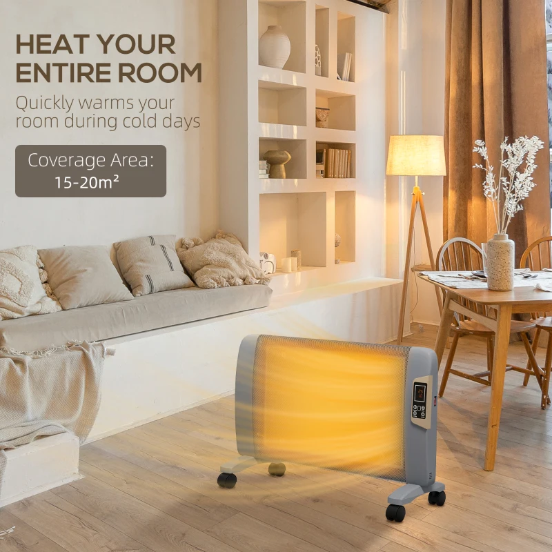 HOMCOM Mica Electric Space Heater, Portable Heater for Home with 2 Heat Settings, Living Room, Study, Garage, Adjustable Temperature 18-30°C, 1000W/2000W, Grey