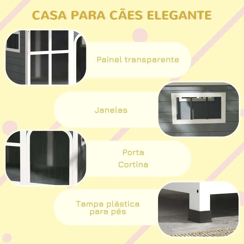 PawHut Casa para Cães de Madeira com Teto Abatível Porta com Cortina e Fundo Amovível 101x66,5x70,5cm Cinza Escuro