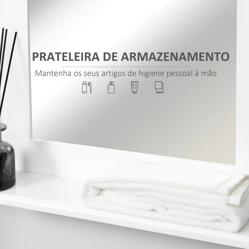 Kleankin Espelho de Casa de Banho 50x11,5x60 cm Espelho de Parede Moderno com Prateleira de e Estrutura de Madeira Branco