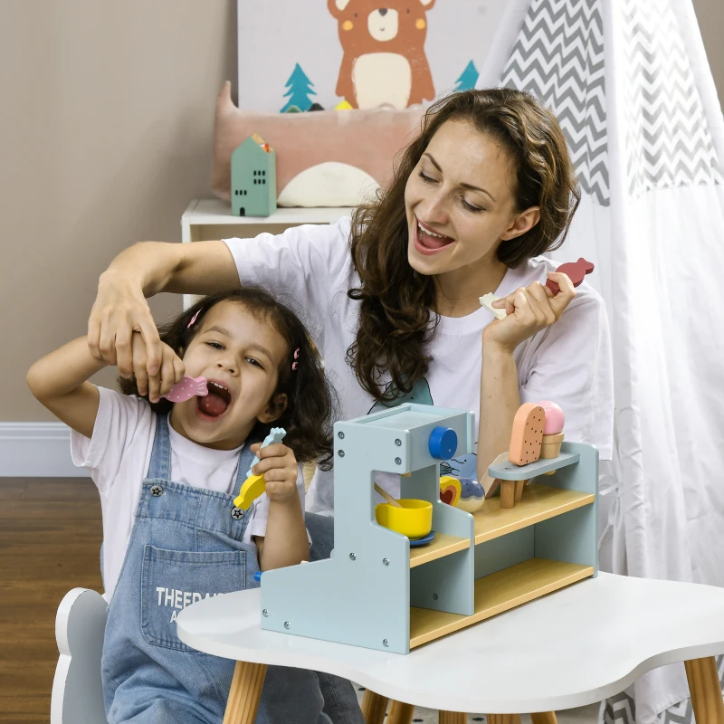 AIYAPLAY Kinder IJssalon Speelset, IJscreme Stand met Veel Accessoires, Bevordert Fantasie en Motoriek, Lichtblauw