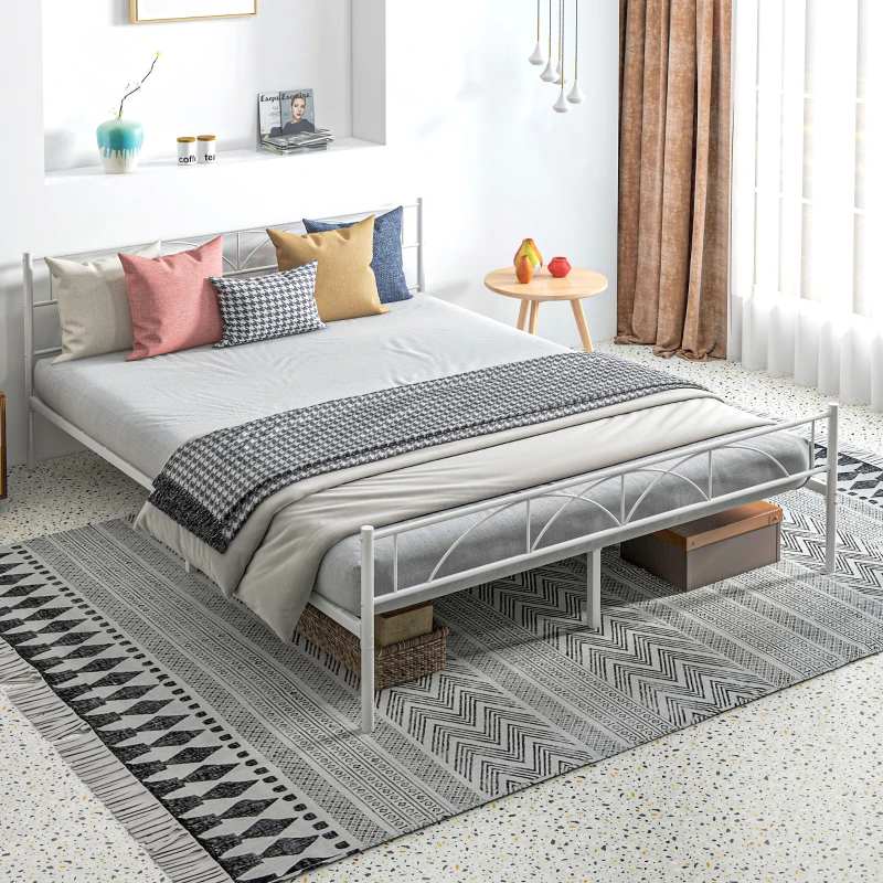 HOMCOM Cama de Casal 150x200 cm com Cabeceira de Ripas de Aço e Espaço de Arrumação Debaixo da Cama Carga 330 kg Branca
