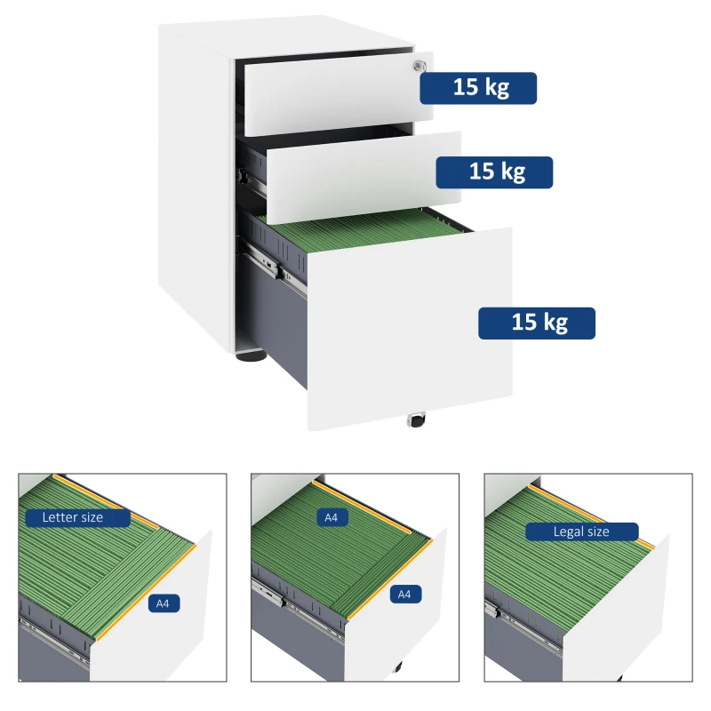 Vinsetto Fiset de Birou 3 Sertare si Incuietoare Serratura, Fiset pentru Birou cu Roti din Otel, 39x48x59cm, Alb