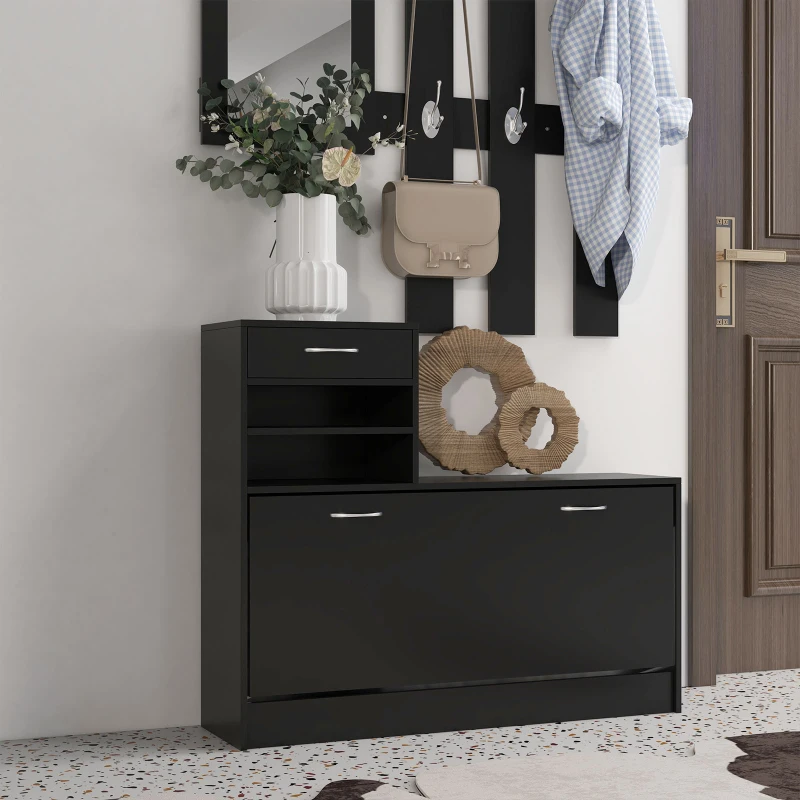 HOMCOM Dulap pentru Intrare Cuier cu Pantofar si Oglinda, Rafturi si Sertar, Dulap Cuier din PAL, 90x10x91 cm, Negru