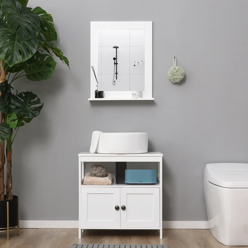 Kleankin Espelho de Casa de Banho 50x11,5x60 cm Espelho de Parede Moderno com Prateleira de e Estrutura de Madeira Branco