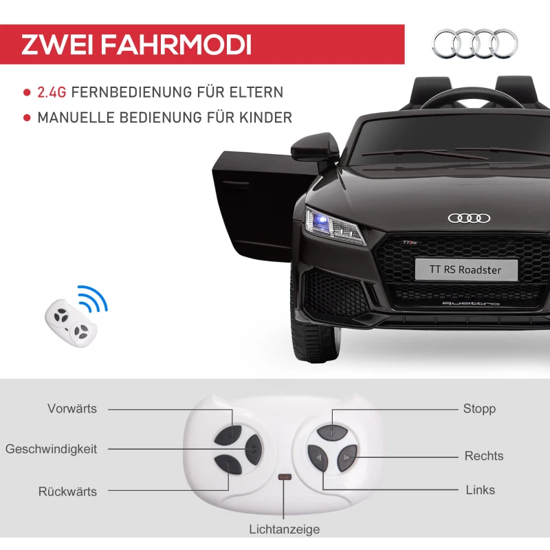 HOMCOM Kinder-Elektrische Auto, Audi TT RS Roadster, 3 km/u, Afstandsbediening, LED, USB, Zwart(m-5)
