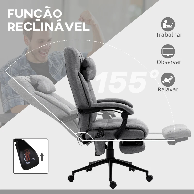 Vinsetto Cadeira de Escritório com 6 Pontos de Massagem 5 Modos Reclinável 155° com Função de Aquecimento 66x76x112-120 cm Cinza