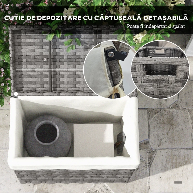 Outsunny Cutie De Depozitare In Aer Liber Cu Captuseala, Cutie De Rachita Din Ratan PE Pentru Interior, Exterior, Gri
