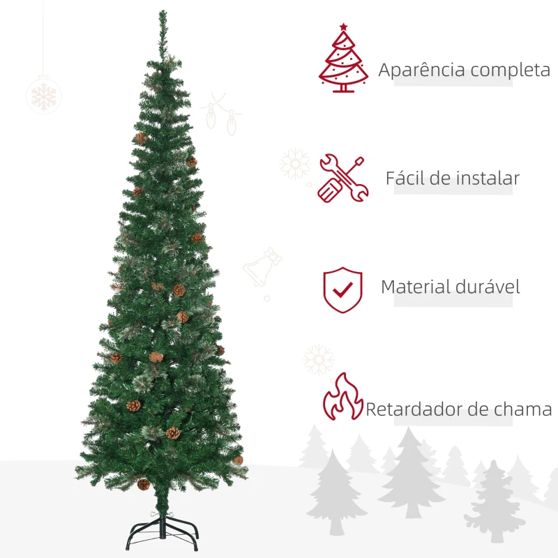 HOMCOM Árvore de Natal Artificial 195 cm Árvore de Natal com 556 Ramos Árvore de Natal Slim com 25 Pinhas Base Dobrável Ø54x195 cm Verde