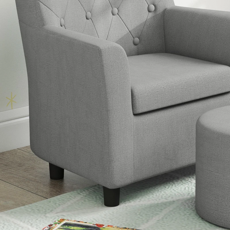 AIYAPLAY Kinderstoel met Poef, Rugleuning in Diamantpatroon, Zachte Zitplaats, Houten Frame, Grijs