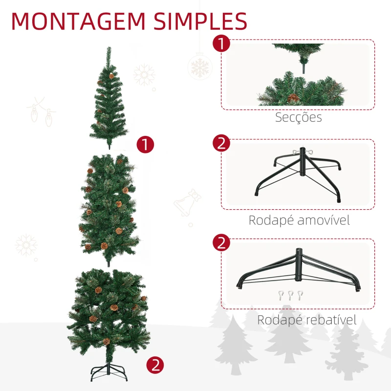 HOMCOM Árvore de Natal Artificial 225 cm Árvore de Natal com 706 Ramos Árvore de Natal Slim com 56 Pinhas Base Dobrável Ø58x225 cm Verde
