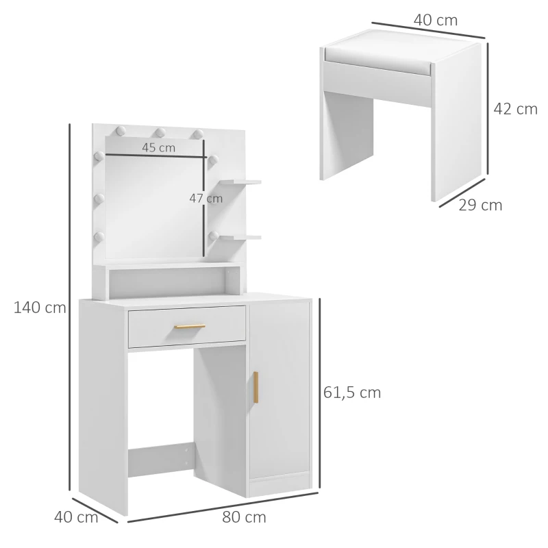 HOMCOM Toucador de Maquilhagem com Banco Mesa de Maquilhagem com Espelho LED Gavetas Prateleira Ajustável e Prateleiras Abertas Branco