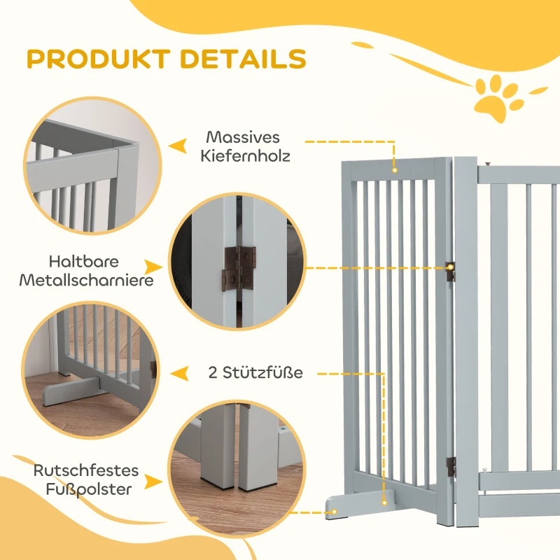 PawHut Vrijstaand Hondenhek, 4 Paneel, Flexibel, Grenenhout, 204L x 36B x 75H cm, Lichtgrijs