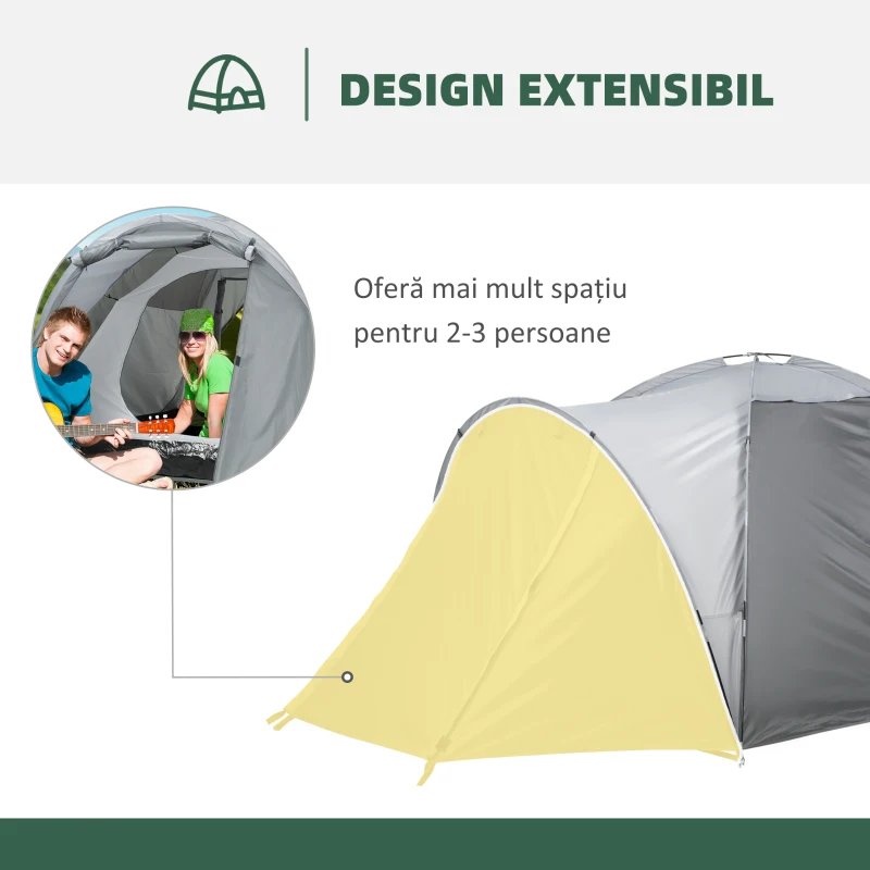Outsunny Cort pentru Camping 2 Persoane, Cort Cupola Extensibil cu Usi si ferestre, 350x220x145cm, Gri
