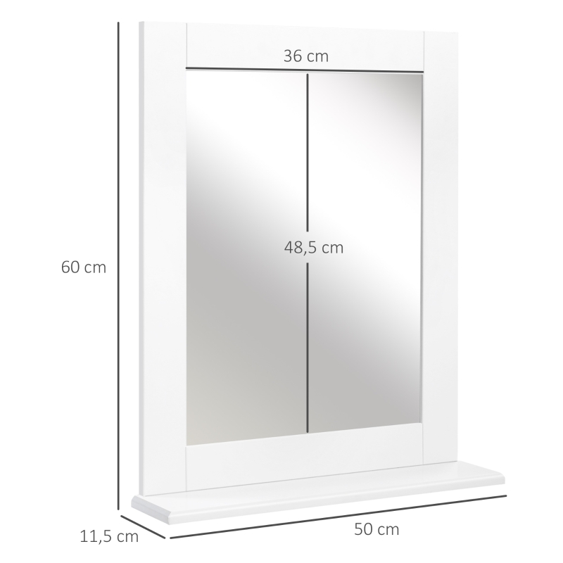 Kleankin Espelho de Casa de Banho 50x11,5x60 cm Espelho de Parede Moderno com Prateleira de e Estrutura de Madeira Branco