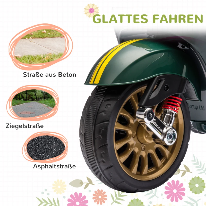 AIYAPLAY Elektrische Kinder Vespa, 3 km/u, 3-6 Jaar, Muziek, Licht & Radio, Donkergroen