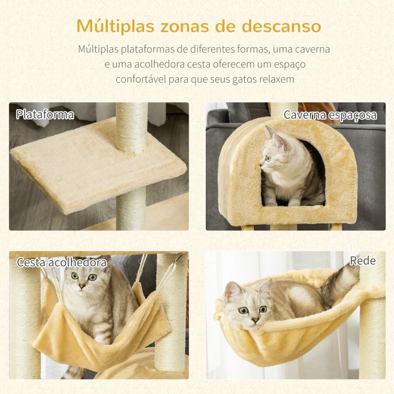 PawHut Árvore para Gatos Arranhador com Poste Ninho Cesta Rede Plataforma Casa e Escada de Veludo e Sisal Natural 54x29,5x98 cm Bege