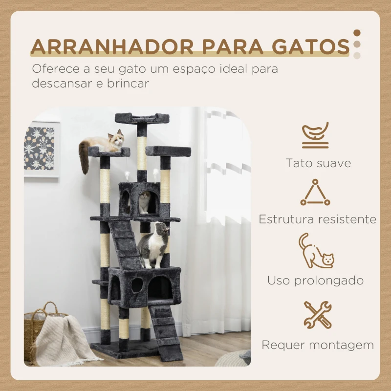PawHut Arranhador para Gatos Grande 49x49x173 cm com Múltiplos Níveis Cavernas e Brinquedos Suspensos Cinza Escuro