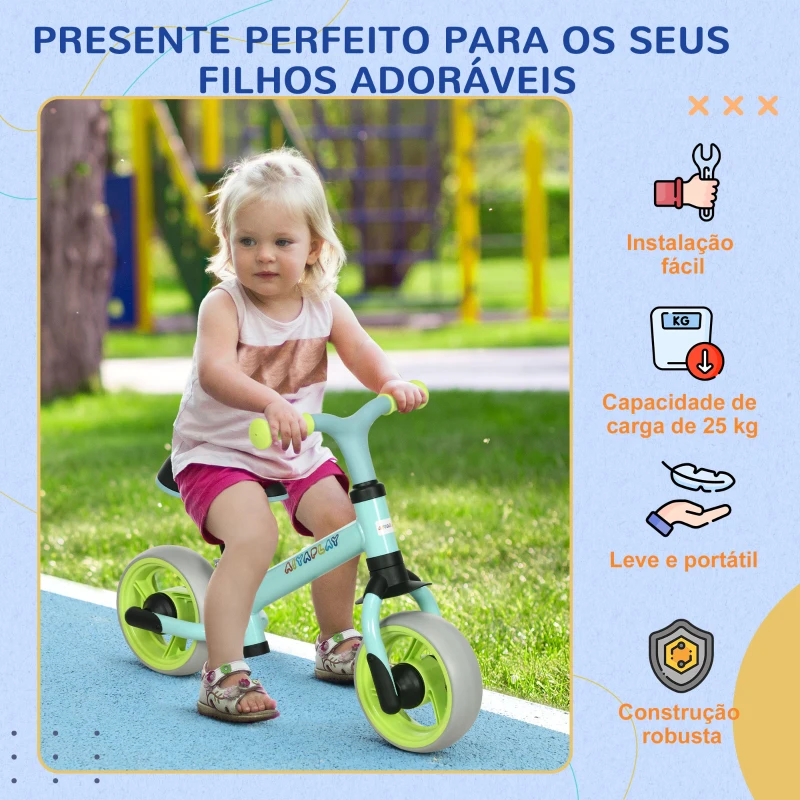 AIYAPLAY Bicicleta sem Pedais para Crianças de 18-48 Meses Bicicleta de Equilíbrio com Assento Ajustável em Altura 66,5x34x47 cm Verde