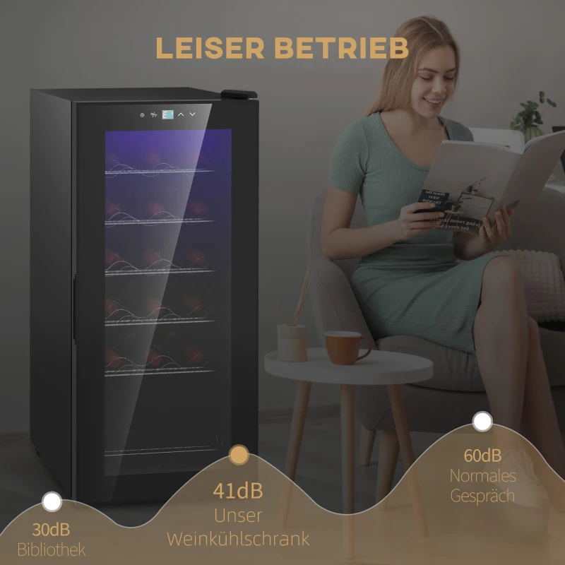 HOMCOM Wijnkoelkast, Stil, 5-18°C, Touchscreen, Verlichting, 34,5x45x78cm, Zwart