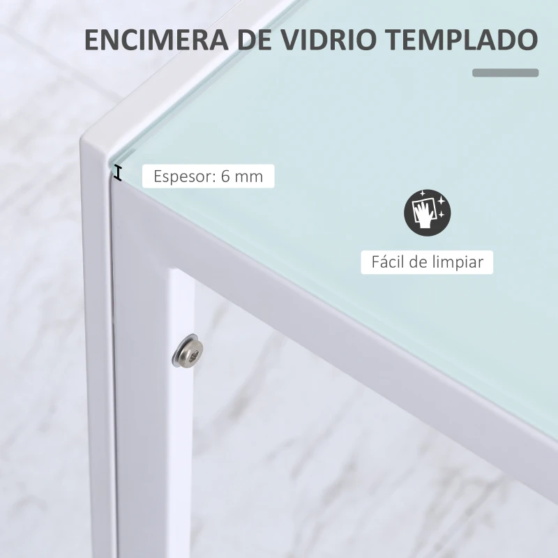 HOMCOM Mesa Sala de Jantar de Cristal Mesa Retangular para 4-6 pessoas com Pés de Metal Multifuncional para Cozinha 120x60x75cm Branco