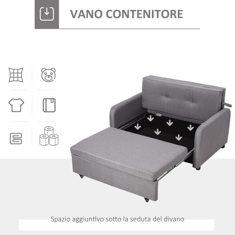 HOMCOM Divano Letto 2 Posti 2 in 1 con Vano Contenitore e Design Moderno, Letto Singolo, Imbottito e Rivestito in Lino Grigio(m-5)