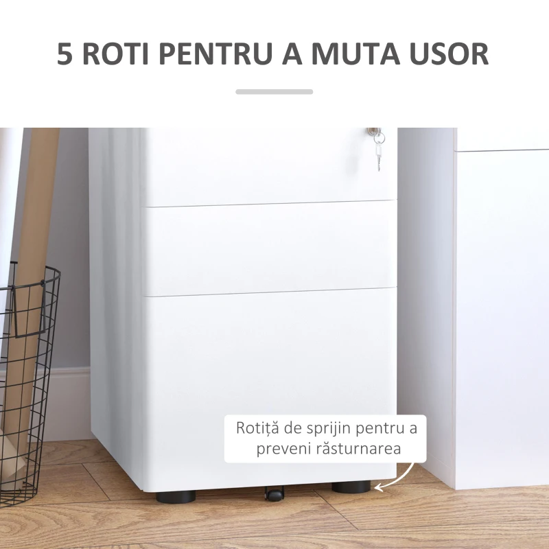 Vinsetto Fiset de Birou 3 Sertare si Incuietoare Serratura, Fiset pentru Birou cu Roti din Otel, 39x48x59cm, Alb