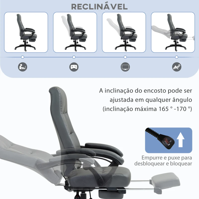 Vinsetto Cadeira de Escritório Ergonómica Giratória Reclinável Estofada em PU com Altura Ajustável 65x65x118-125 cm Cinza Escuro